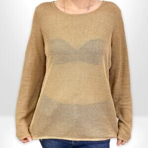 BELFORD Brown Gold Linen Metallic Blend Sheer Long Sleeve Top